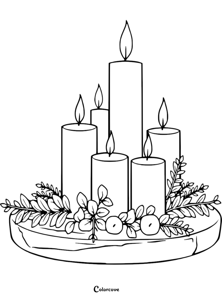 A printable coloring page featuring a cluster of five lit pillar candles arranged on a decorative tray with leaves and berries.
