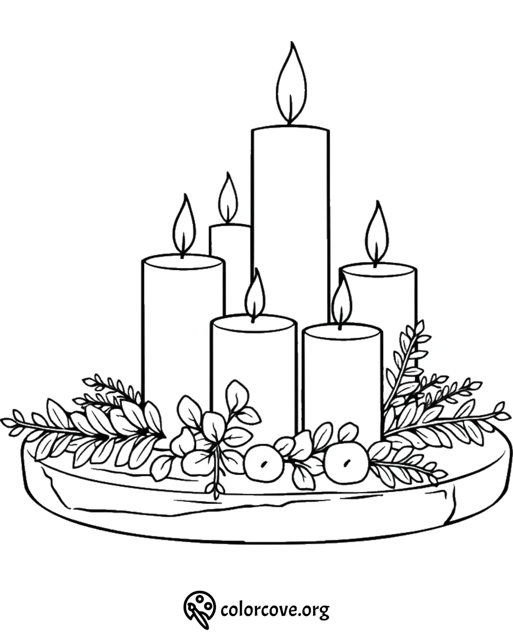 Candle centerpiece coloring page with five candles and decorative foliage, perfect for festive and relaxing coloring activities.