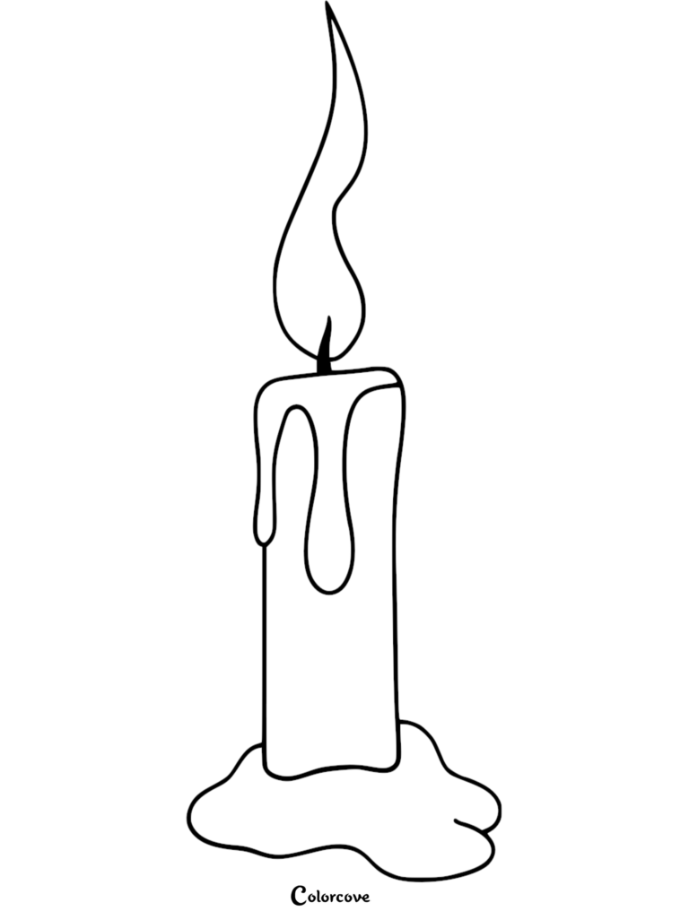 A simple line art candle coloring page featuring a lit candle with melting wax drips and a pool of wax at the base.