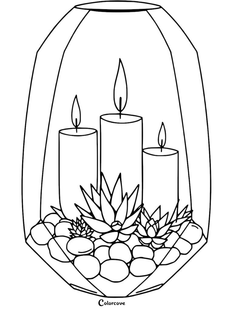 A relaxing candle coloring page featuring three lit pillar candles inside a geometric glass terrarium with succulents and smooth river stones.