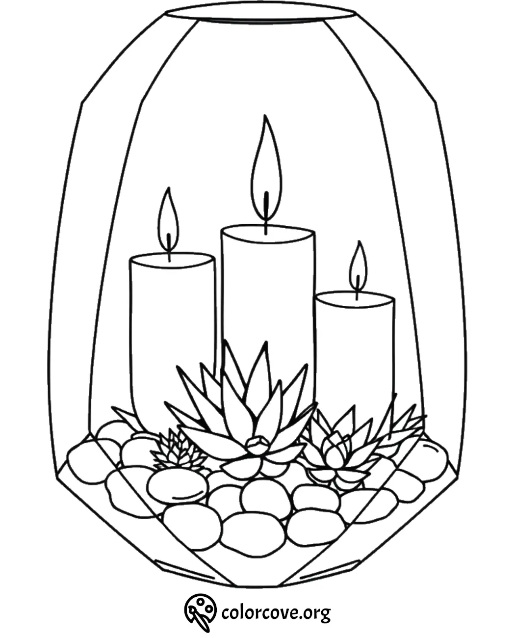 Coloring page featuring three candles and succulents inside a geometric terrarium with stones. Perfect for relaxation.