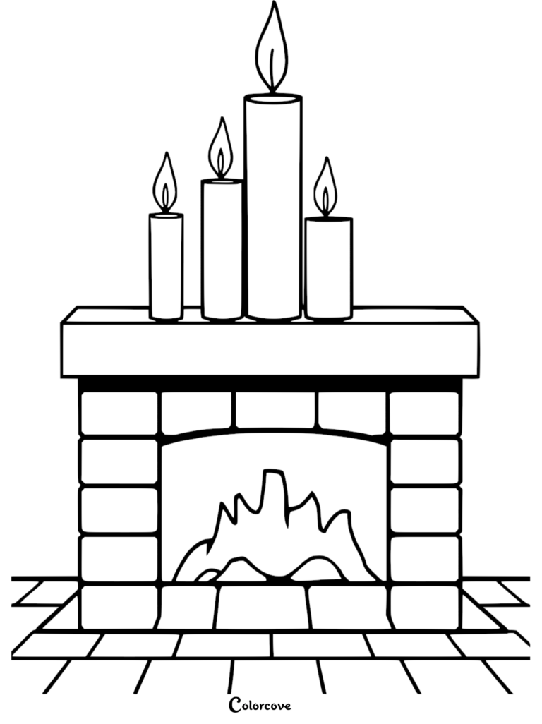 Four lit candles on a brick fireplace mantel coloring page with a roaring fire below.