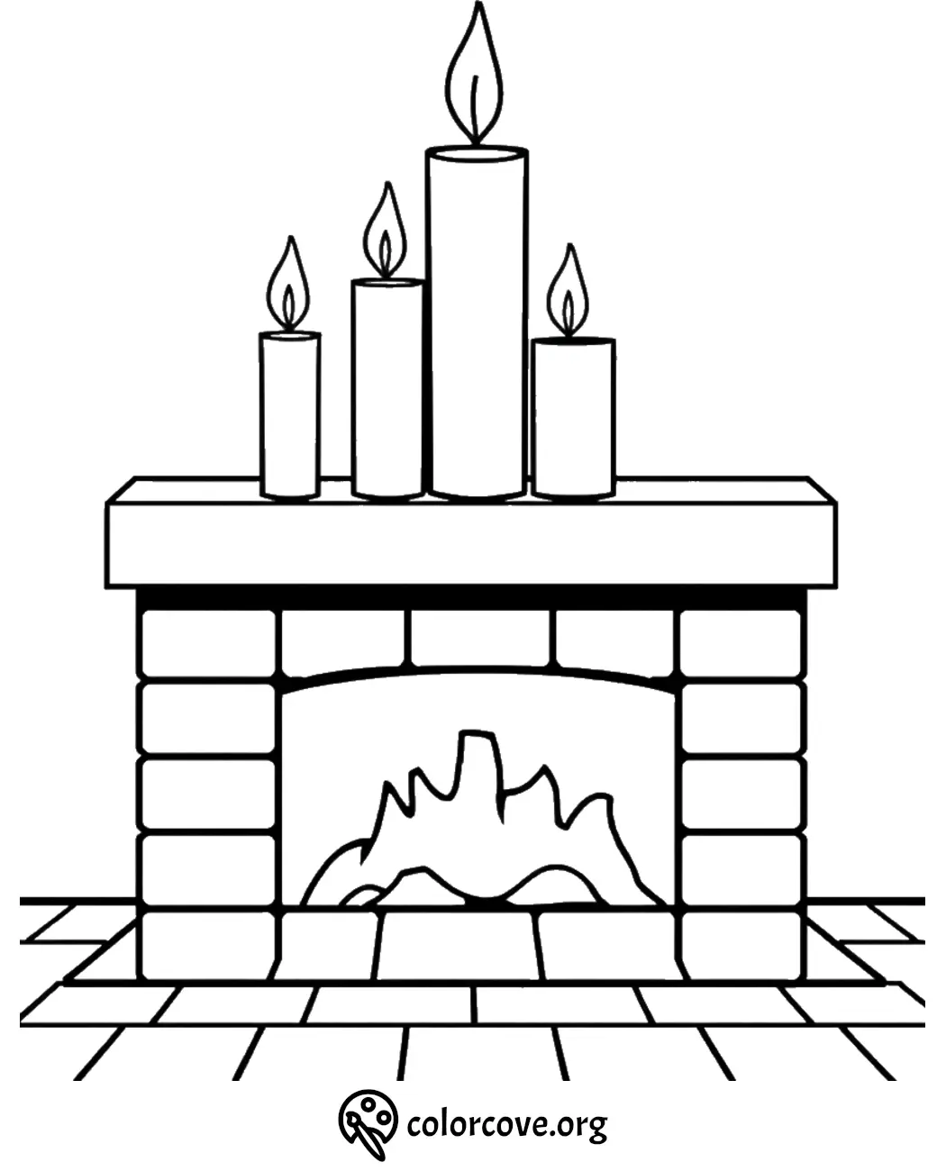 Fireplace with candles coloring page for kids, featuring a cozy hearth design. Printable and fun activity.