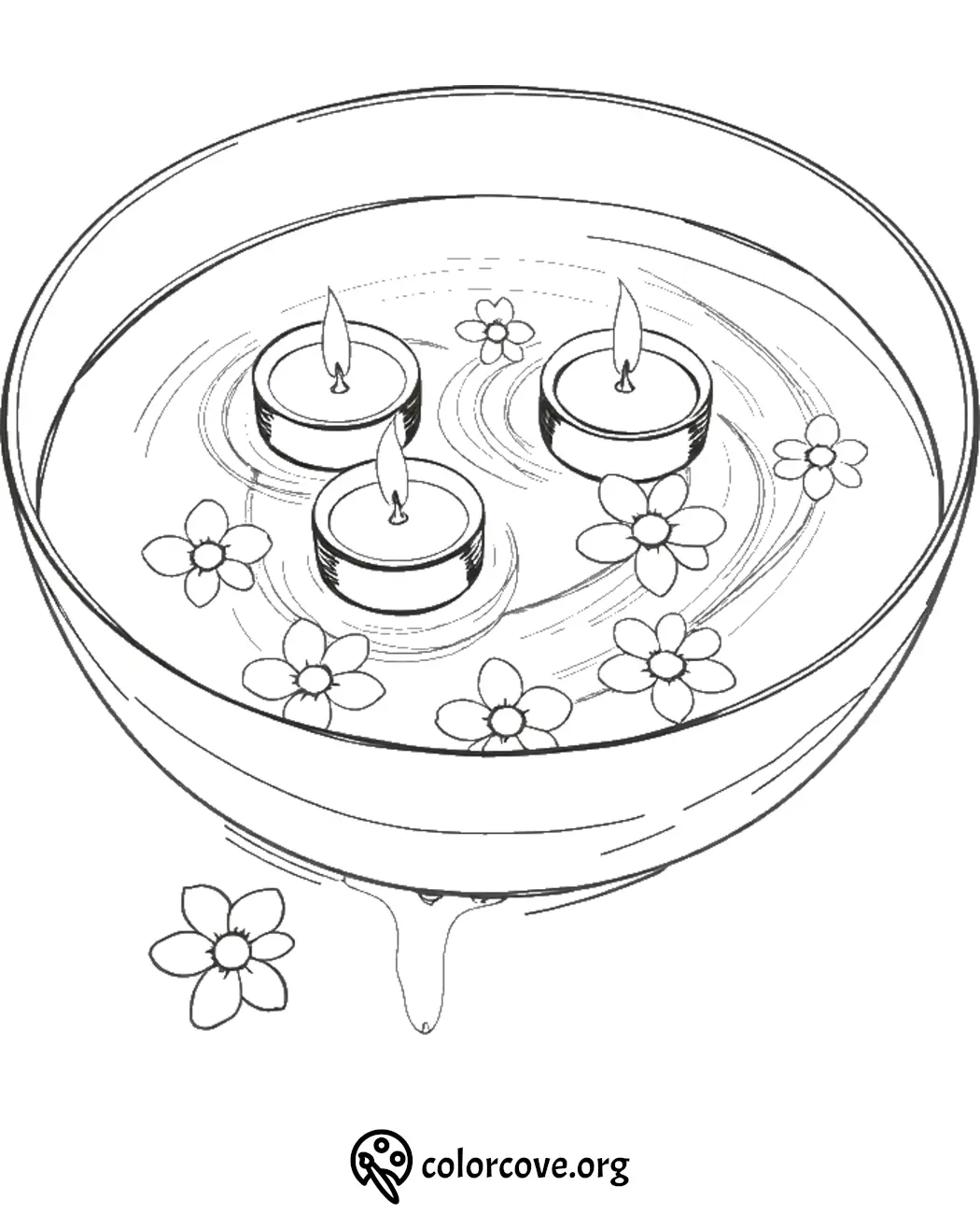 Floating candles and flowers in a bowl coloring page. Ideal for relaxation and mindfulness activities.