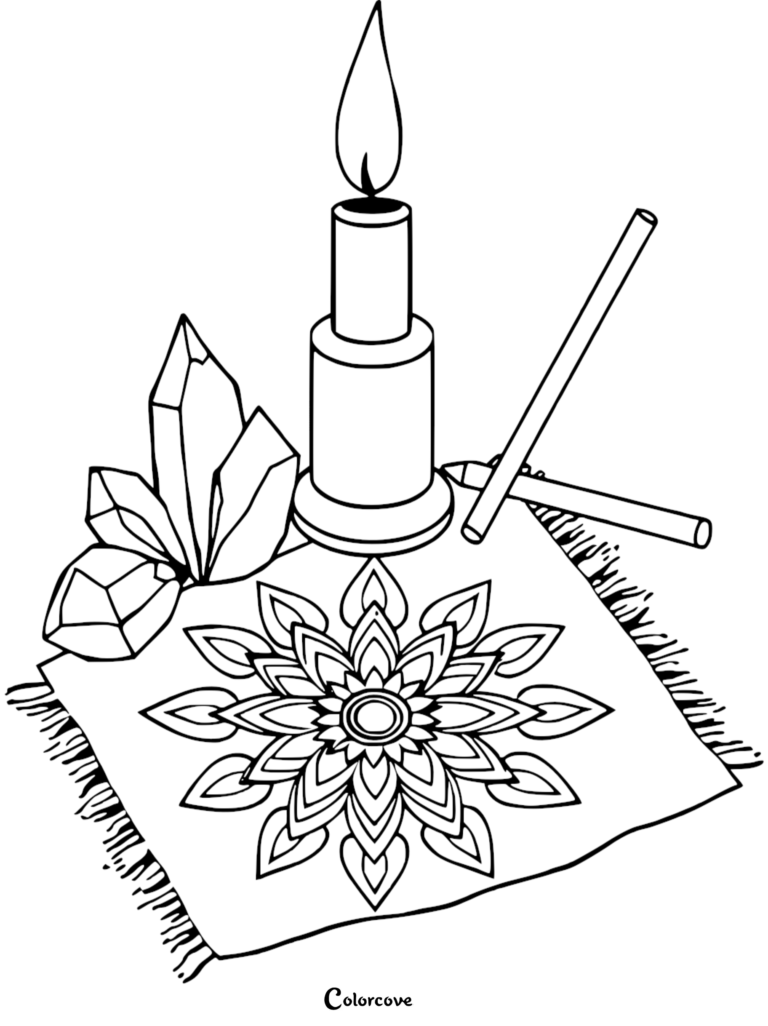 A relaxing candle coloring page featuring a lit candle, crystals, and a mandala cloth with pencils.