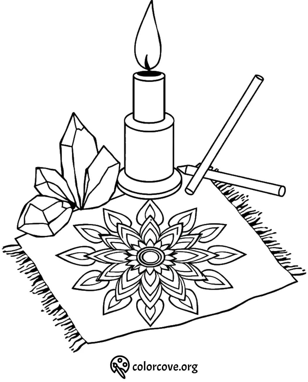 Mandala coloring page with candle, crystals, and pencils for relaxing creativity. Suitable for kids and adults.