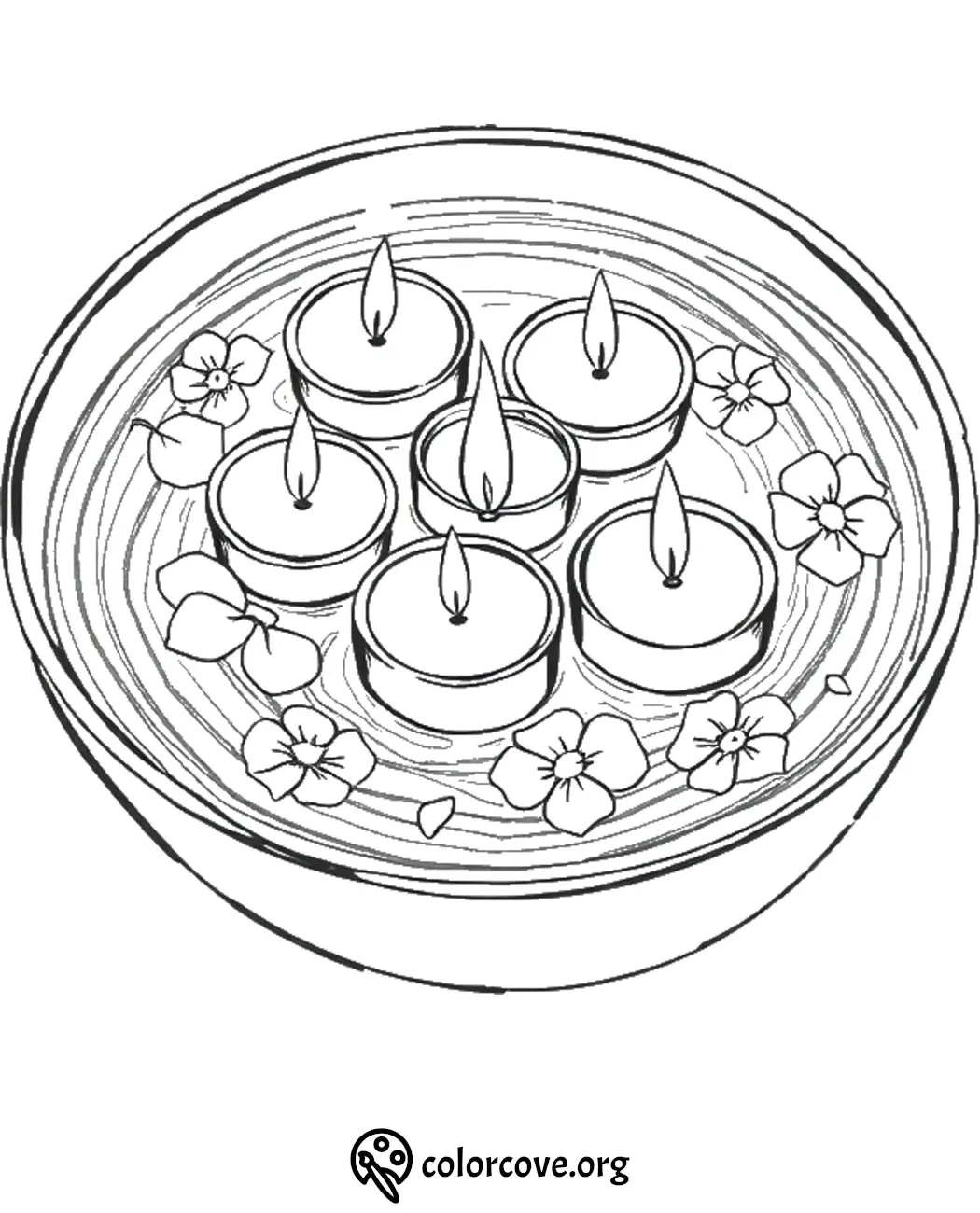 Floating candles and flowers in a bowl coloring page for relaxation and creativity.