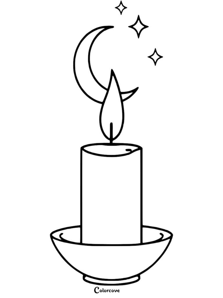 A simple line art coloring page featuring a lit candle in a small dish with a crescent moon and stars above the flame.