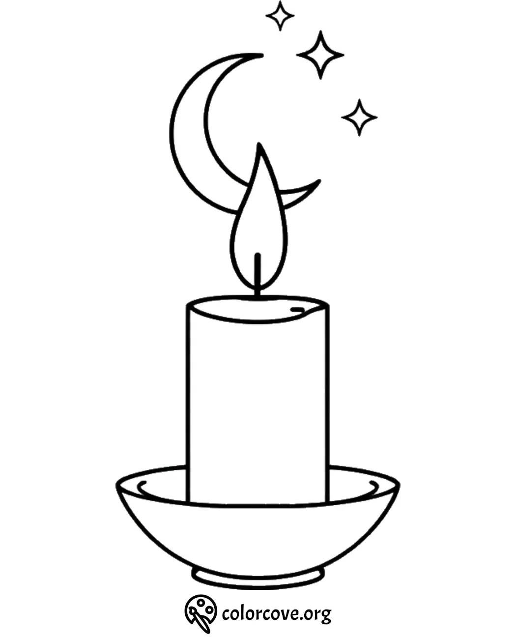 Candle coloring page with moon and stars, perfect for relaxation activities and creative expression.