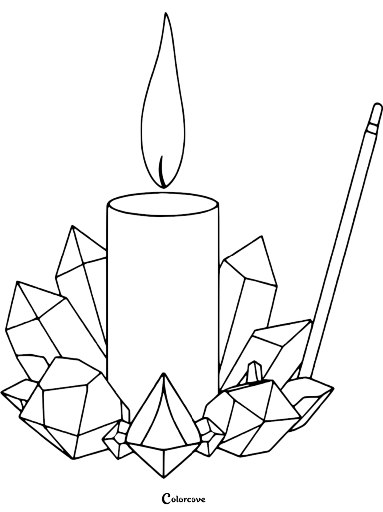 A relaxing candle coloring page featuring a lit pillar candle surrounded by jagged crystals and an incense stick.