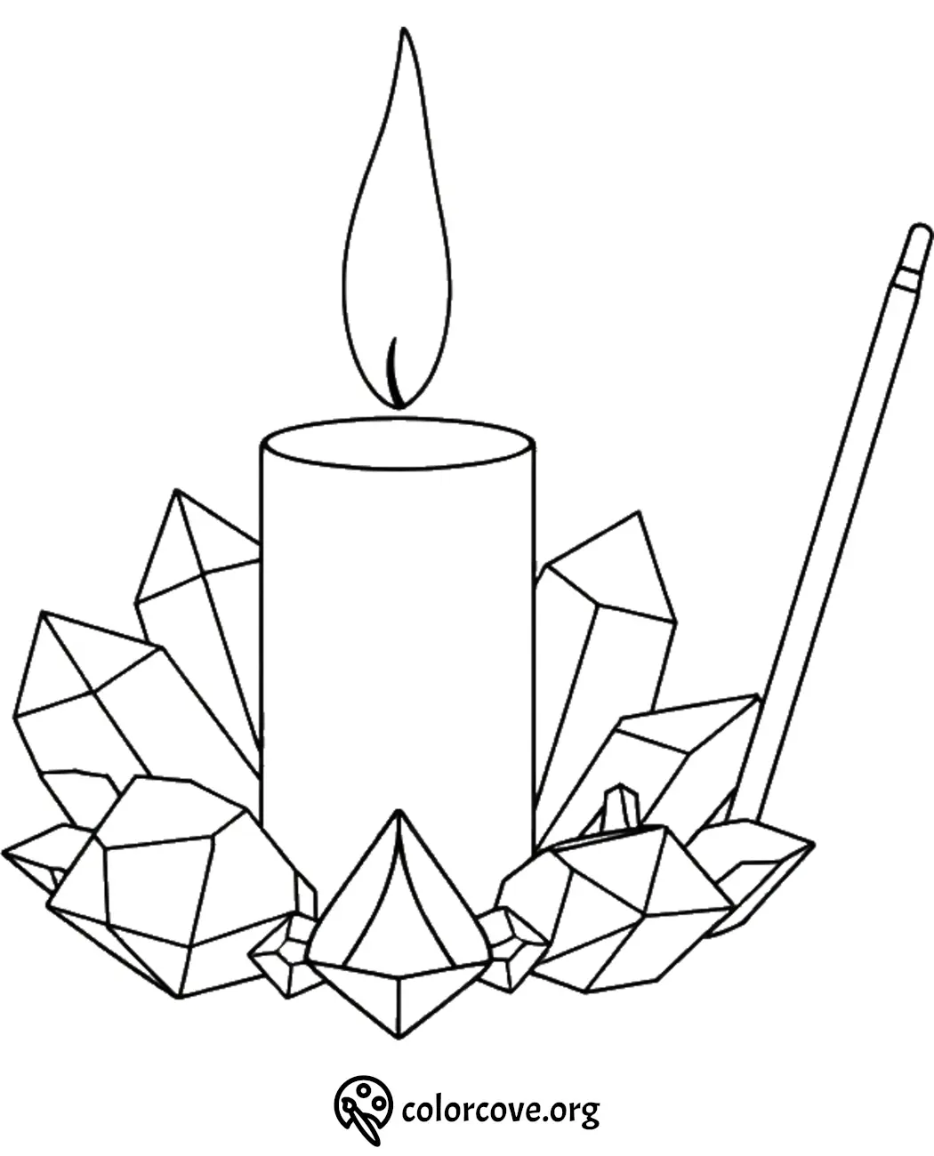 Candle and crystals coloring page with incense stick, perfect for relaxation and mindfulness activities.