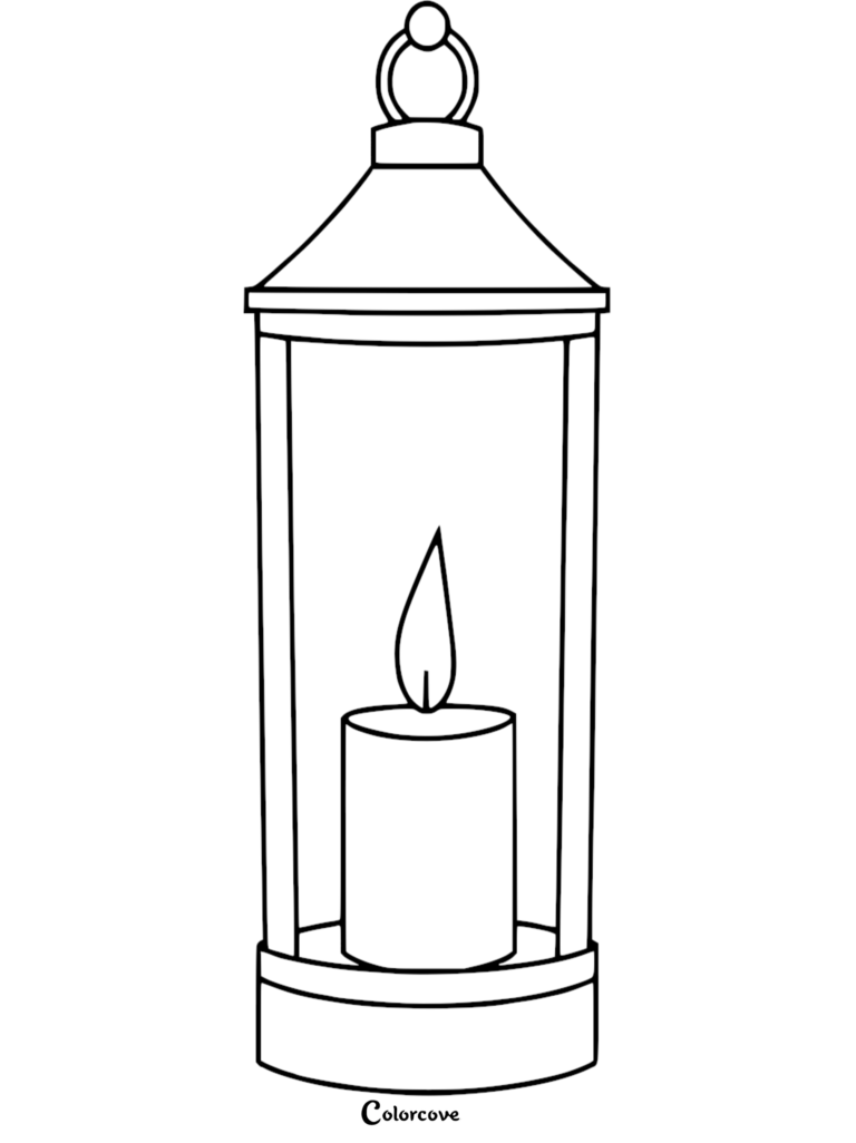 A simple line art coloring page featuring a tall, elegant lantern with a single lit candle inside.