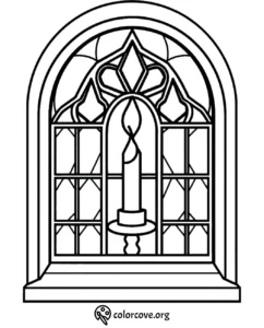 Coloring page with candle in a decorative arched window, ready for creative coloring fun.