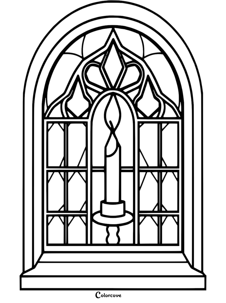 A printable coloring page featuring a lit candle in a candle holder placed in front of an arched stained glass window.