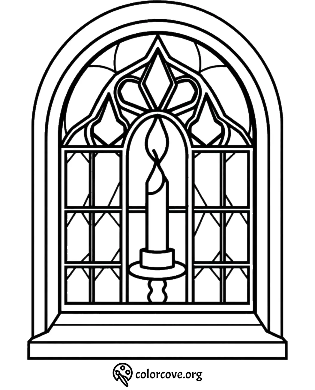 Coloring page with candle in a decorative arched window, ready for creative coloring fun.