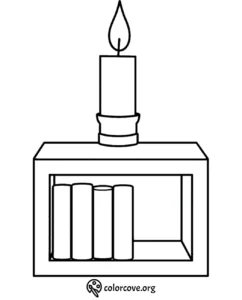 Candle on a bookshelf coloring page with books, designed for kids and adults. Perfect for relaxation and creativity.