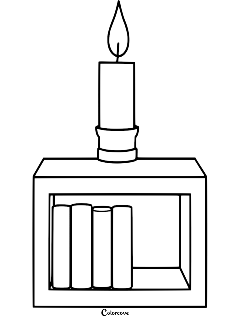 A simple line art coloring page featuring a lit candle sitting on top of a small shelf containing four books.