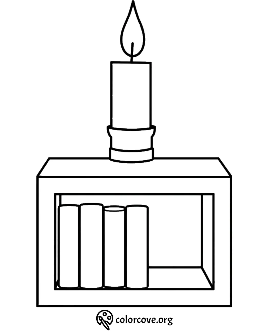 Candle on a bookshelf coloring page with books, designed for kids and adults. Perfect for relaxation and creativity.