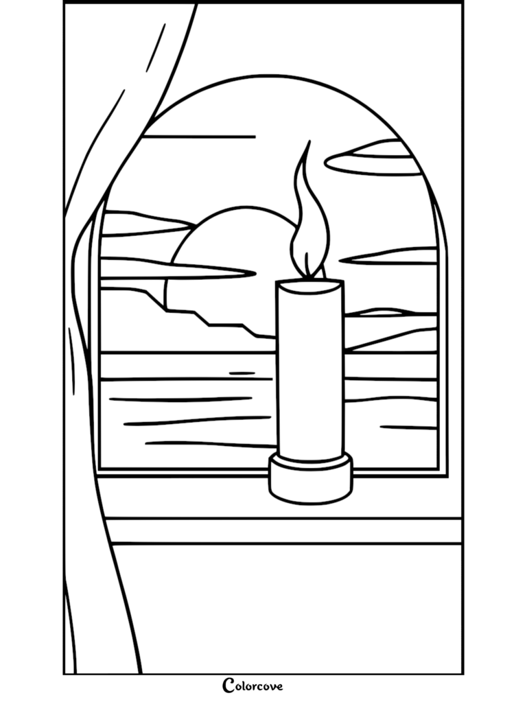 A relaxing candle coloring page featuring a lit candle on a windowsill overlooking a sunset landscape with clouds.