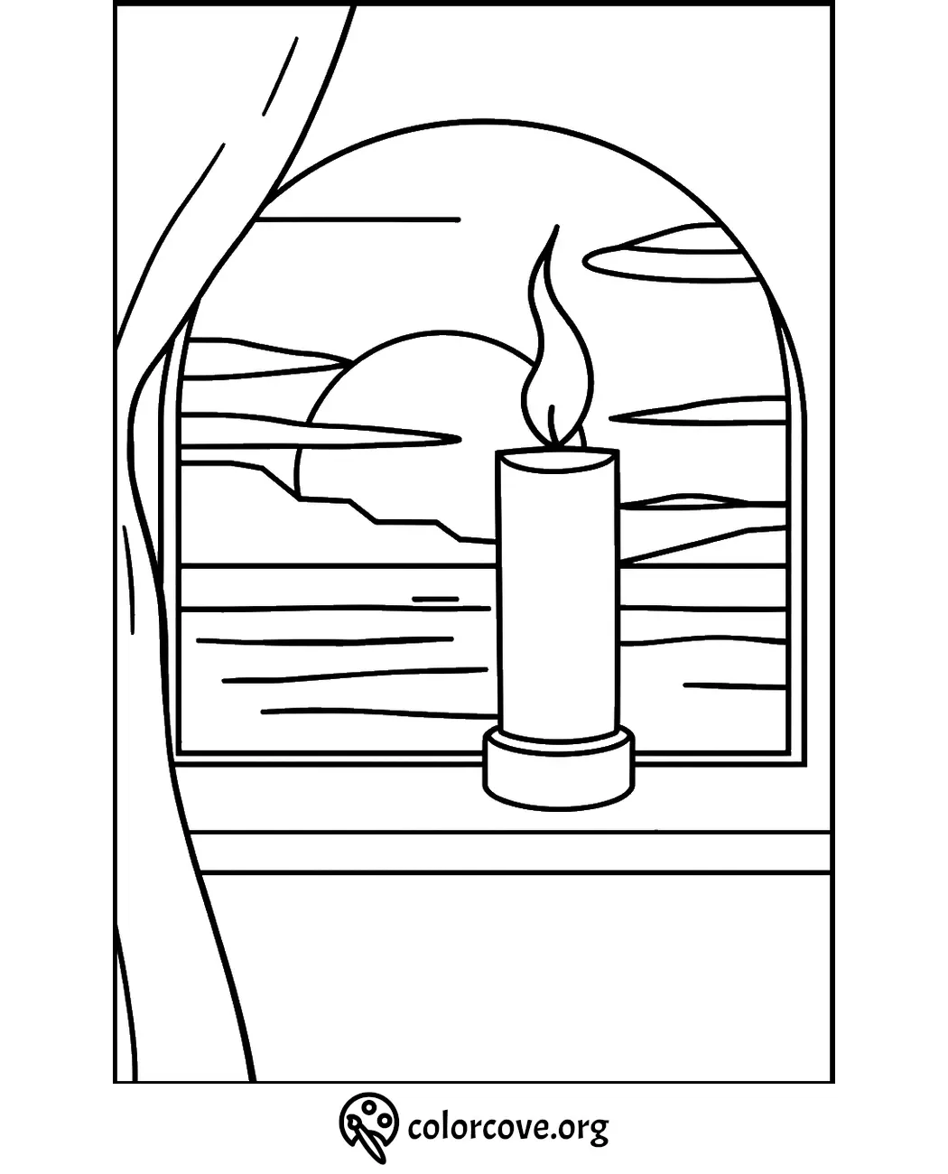 Coloring page with a candle on a windowsill overlooking an ocean sunset through curtains.