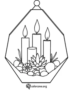 Hexagonal terrarium with candles and succulents coloring page. Perfect for relaxation and creativity.
