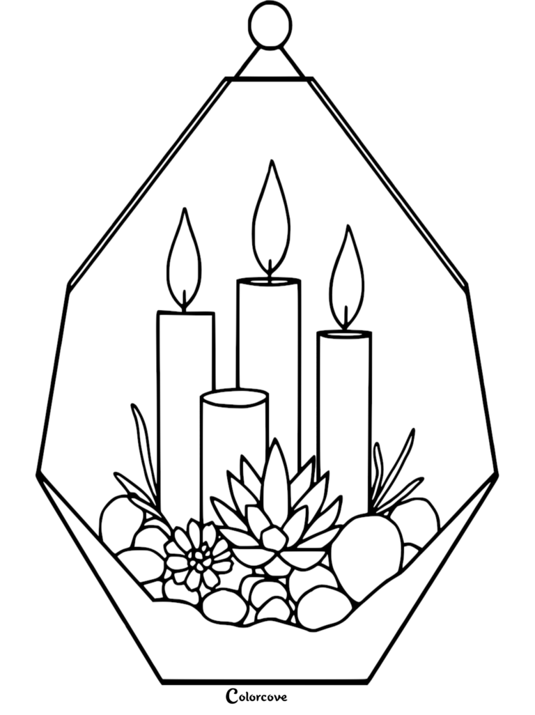 A geometric terrarium coloring page featuring three lit candles surrounded by succulents and smooth river stones.