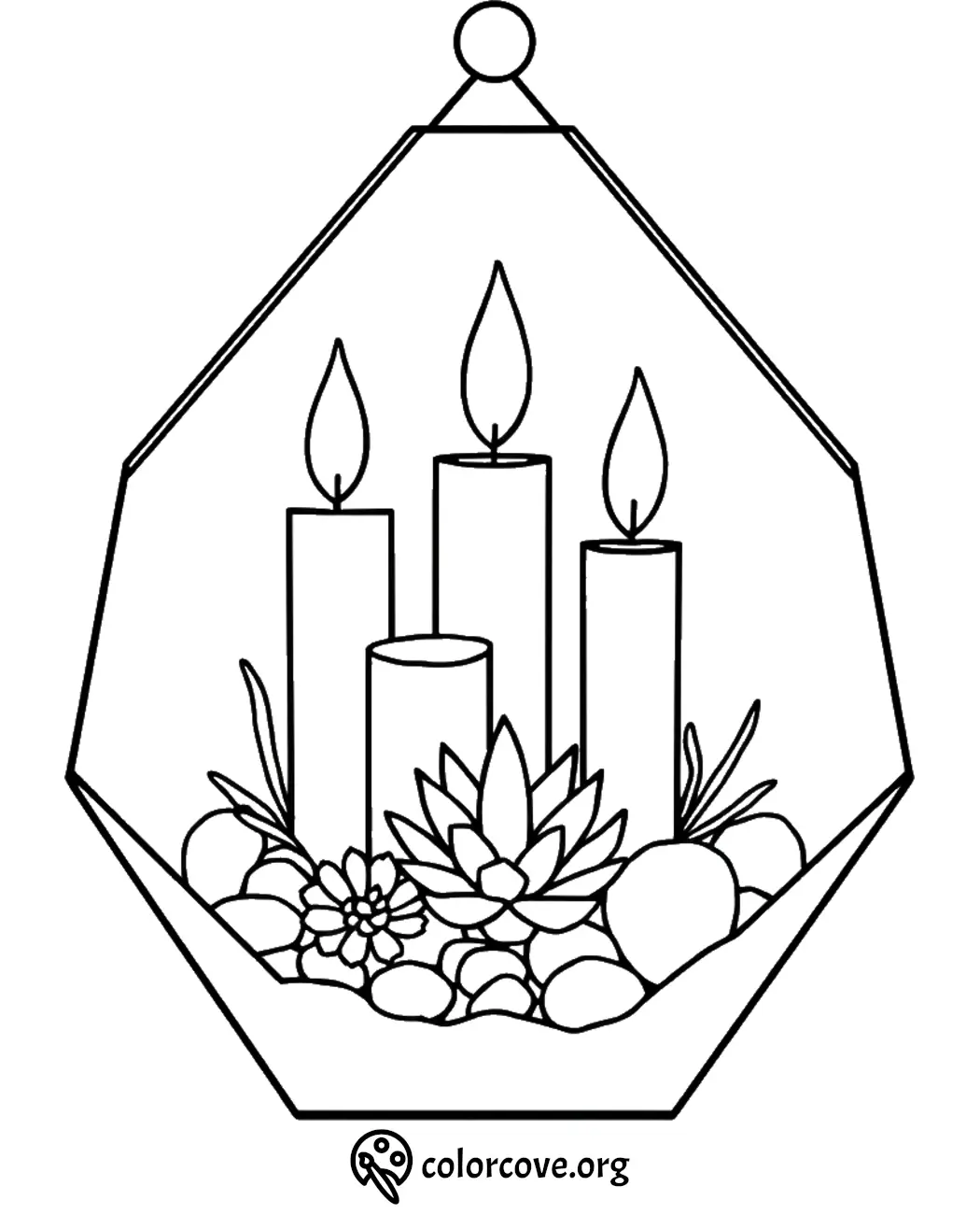 Hexagonal terrarium with candles and succulents coloring page. Perfect for relaxation and creativity.