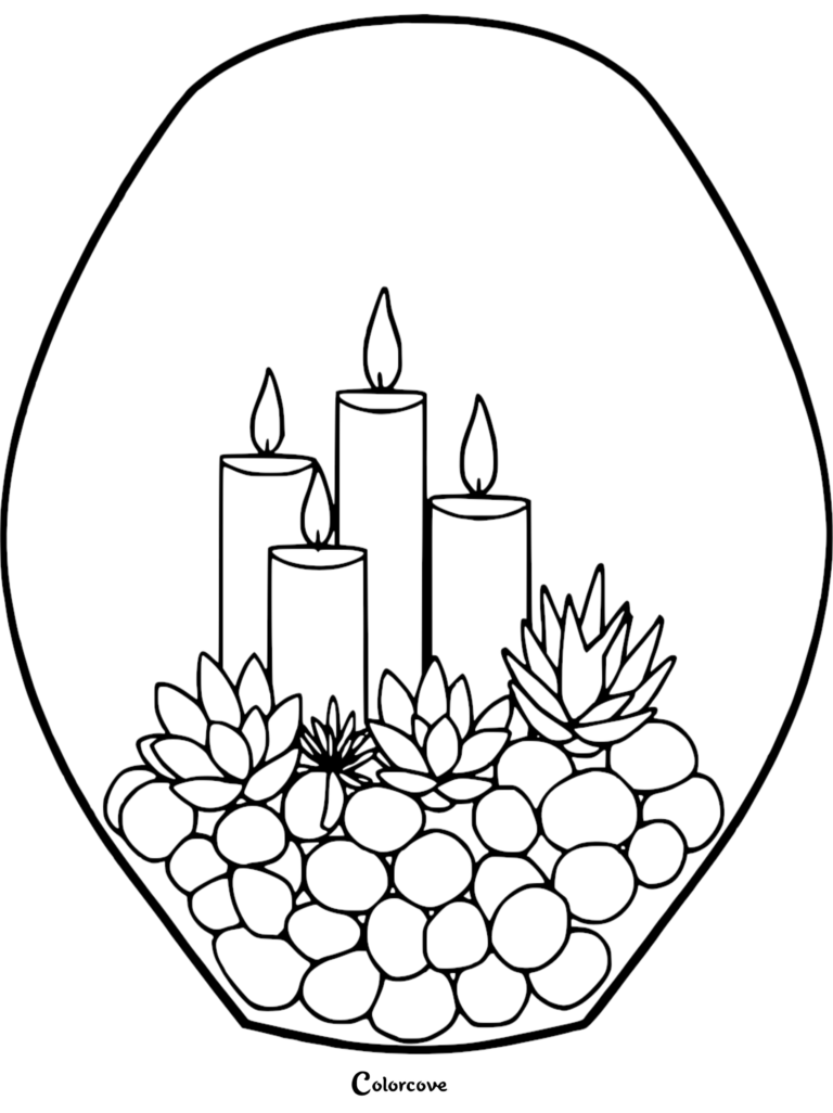 A relaxing candle coloring page featuring four lit pillar candles surrounded by succulents and smooth stones inside a glass terrarium.