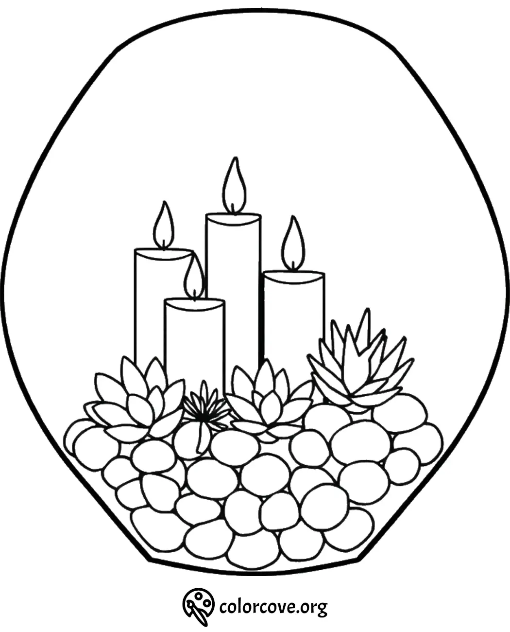 Terrarium with candles and succulents coloring page, featuring pebbles and intricate botanical designs.