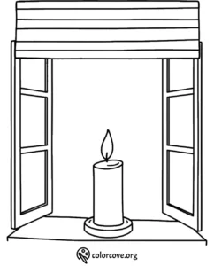 Candle on windowsill coloring page with open window blinds, free printable.