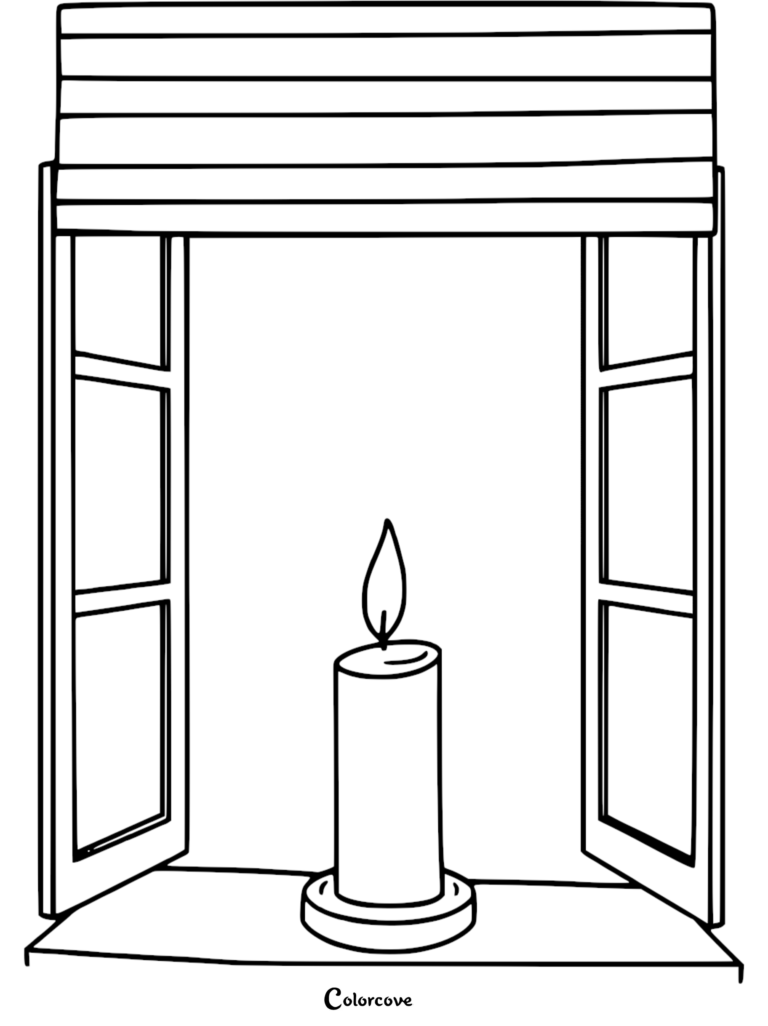A relaxing candle coloring page featuring a lit pillar candle sitting on a windowsill in front of an open window.