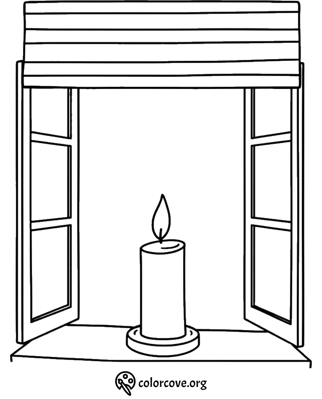 Candle on windowsill coloring page with open window blinds, free printable.