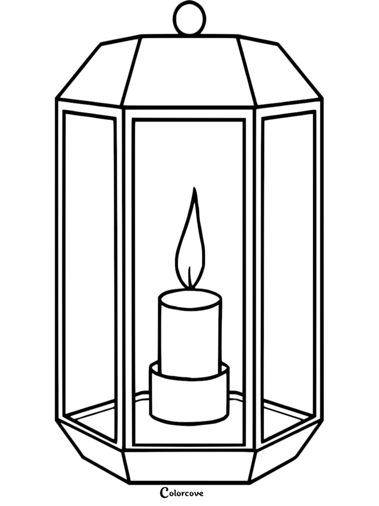 A simple line art coloring page of a lit pillar candle inside a hexagonal glass lantern.
