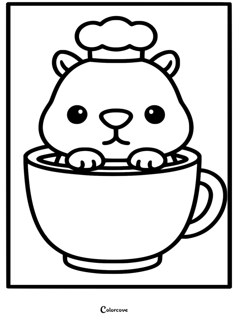 Simple line art coloring page of a cute capybara wearing a puffy chef hat while sitting inside a large coffee cup.