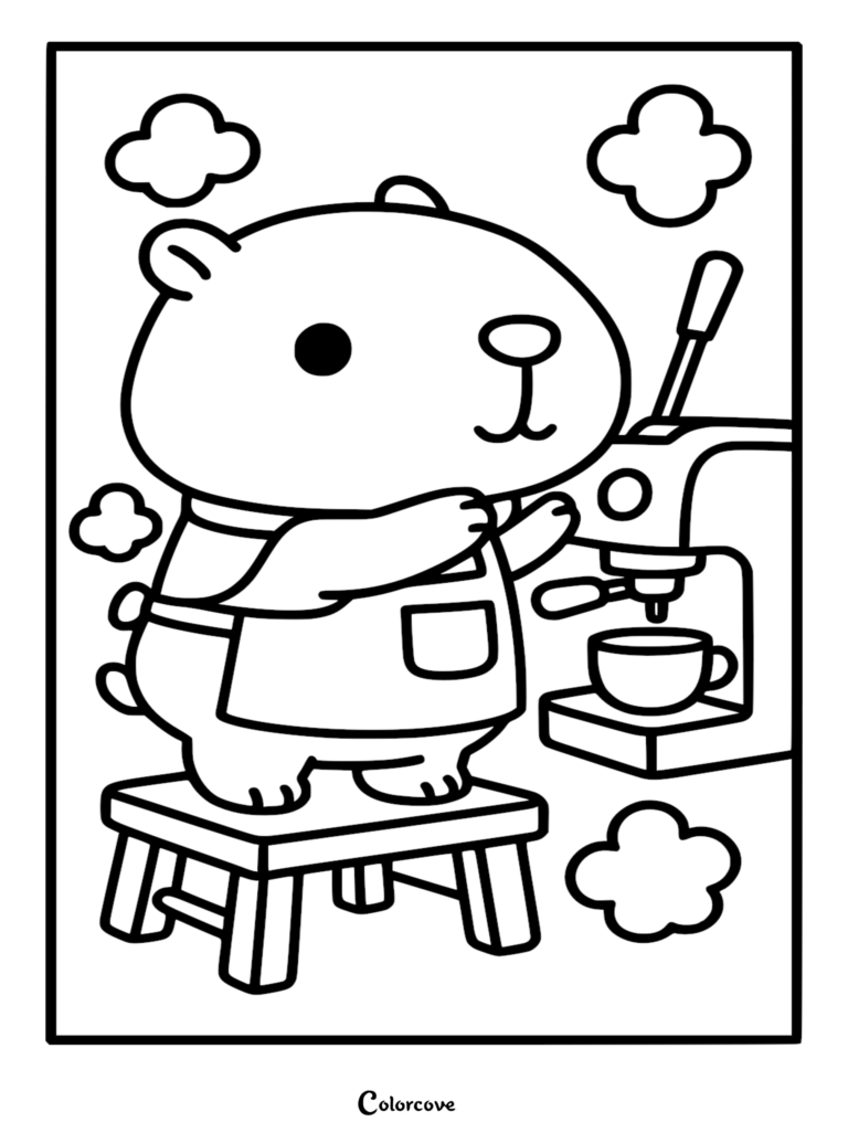 A cute capybara barista wearing a pocketed apron, standing on a wooden stool to operate a large espresso machine in this detailed line art coloring page.