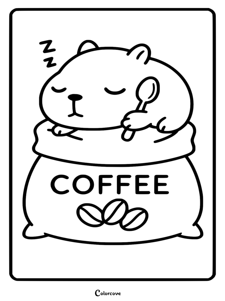 Simple line art coloring page of a cute capybara sleeping inside a burlap sack labeled coffee while holding a spoon.