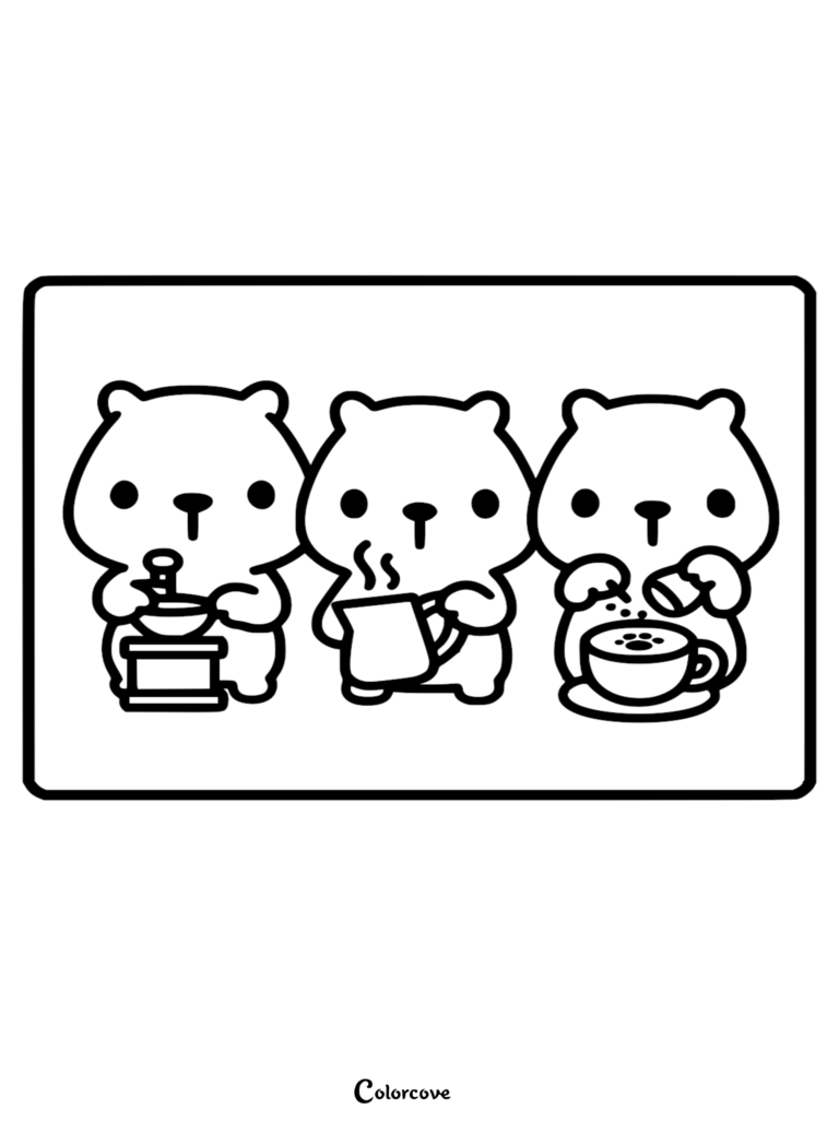 A cute capybara barista coloring page featuring three animals grinding coffee beans, holding a steaming pitcher, and decorating a latte.