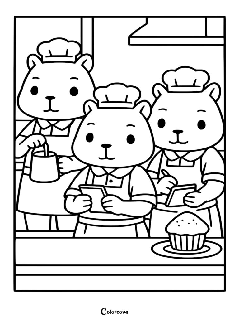 Black and white line art of capybara wearing chef hats and aprons in a bakery.