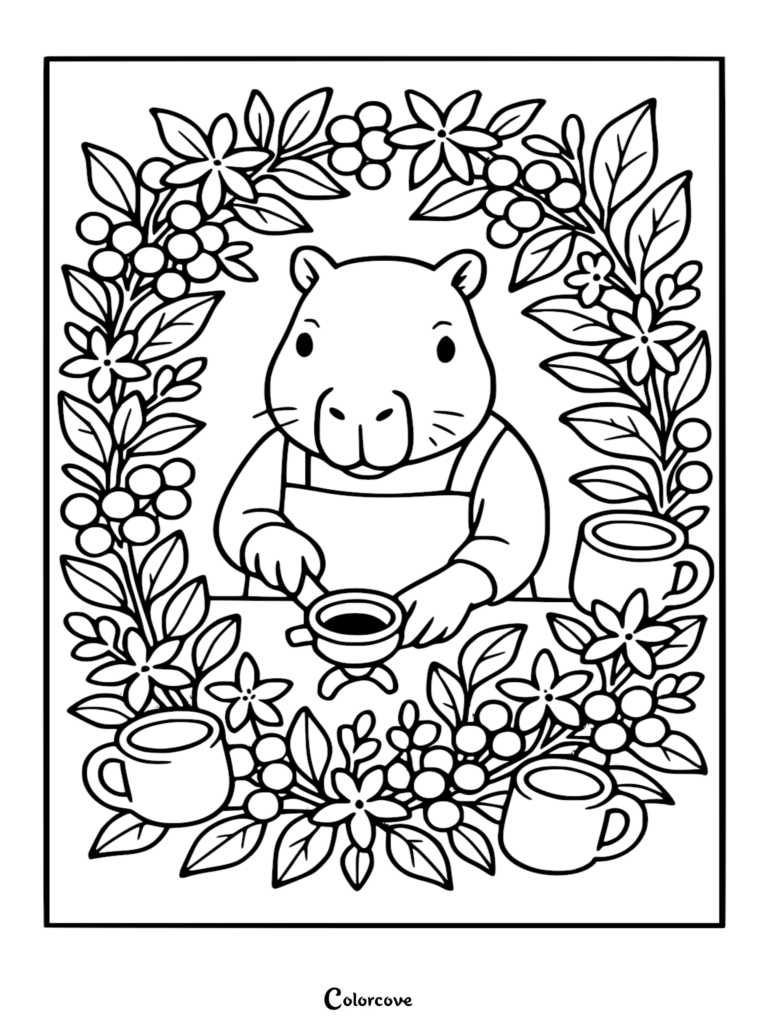 Detailed line art coloring page featuring a capybara barista in an apron stirring a drink inside a coffee plant wreath.