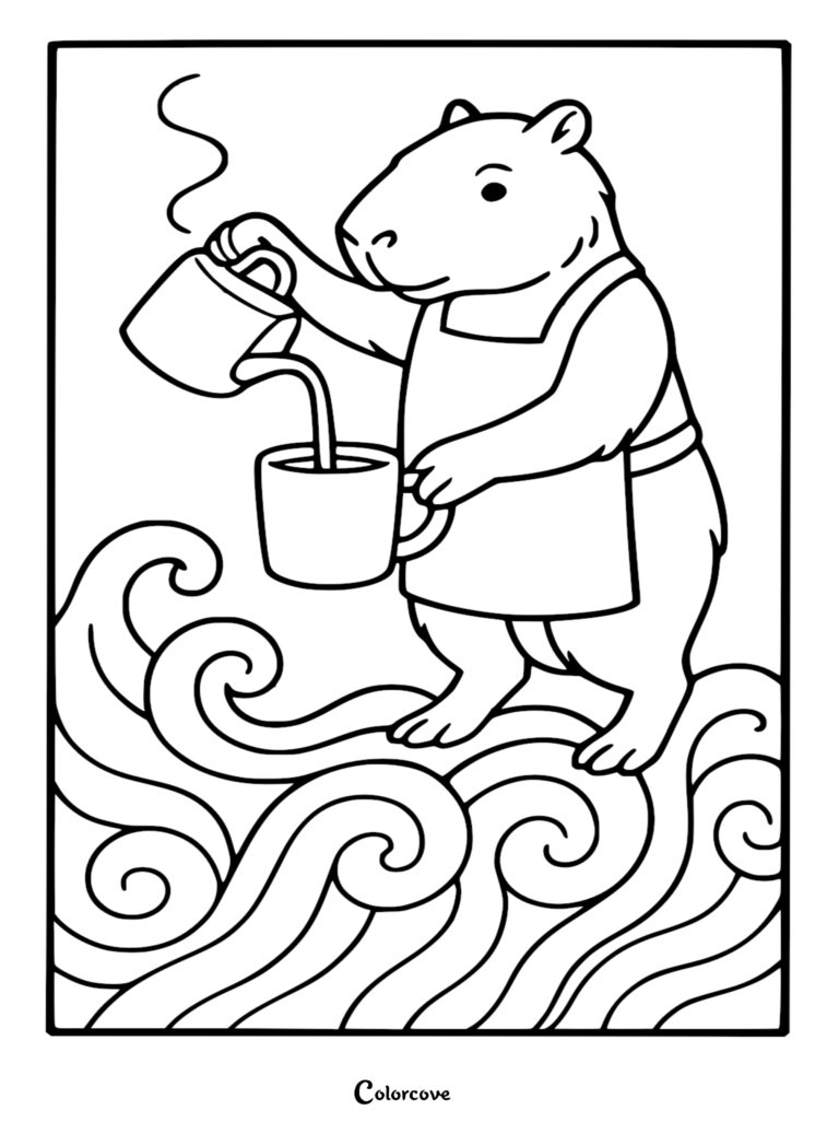 Detailed line art coloring page of a capybara barista in an apron pouring coffee into a mug while standing on giant swirling waves.