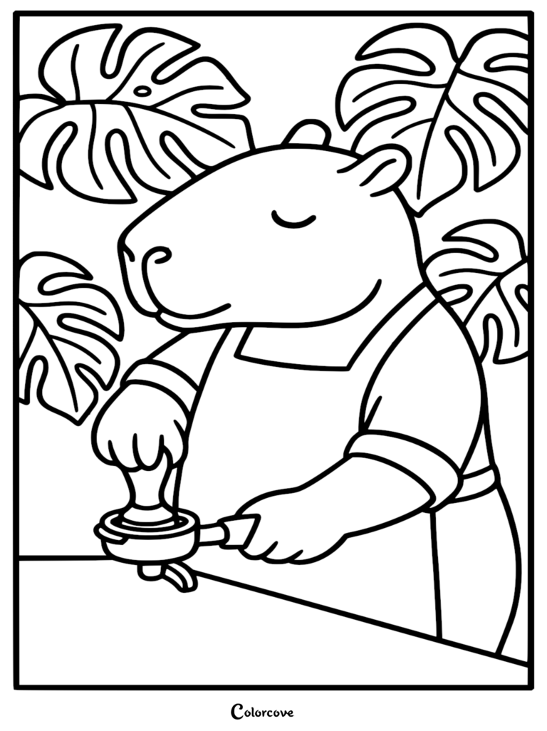 Line art coloring page of a capybara wearing a barista apron, using a coffee tamper on a portafilter with monstera leaf backgrounds.