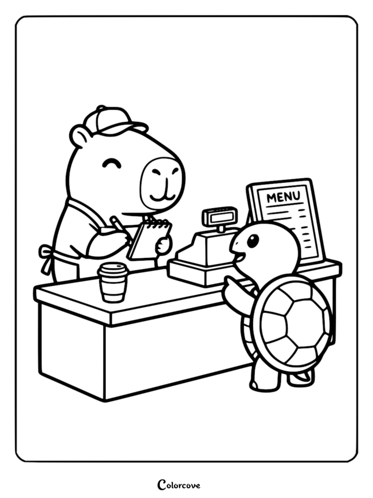 Detailed line art coloring page of a capybara barista in a baseball cap and apron writing on a notepad, while a turtle customer orders at a cafe counter with a cash register.