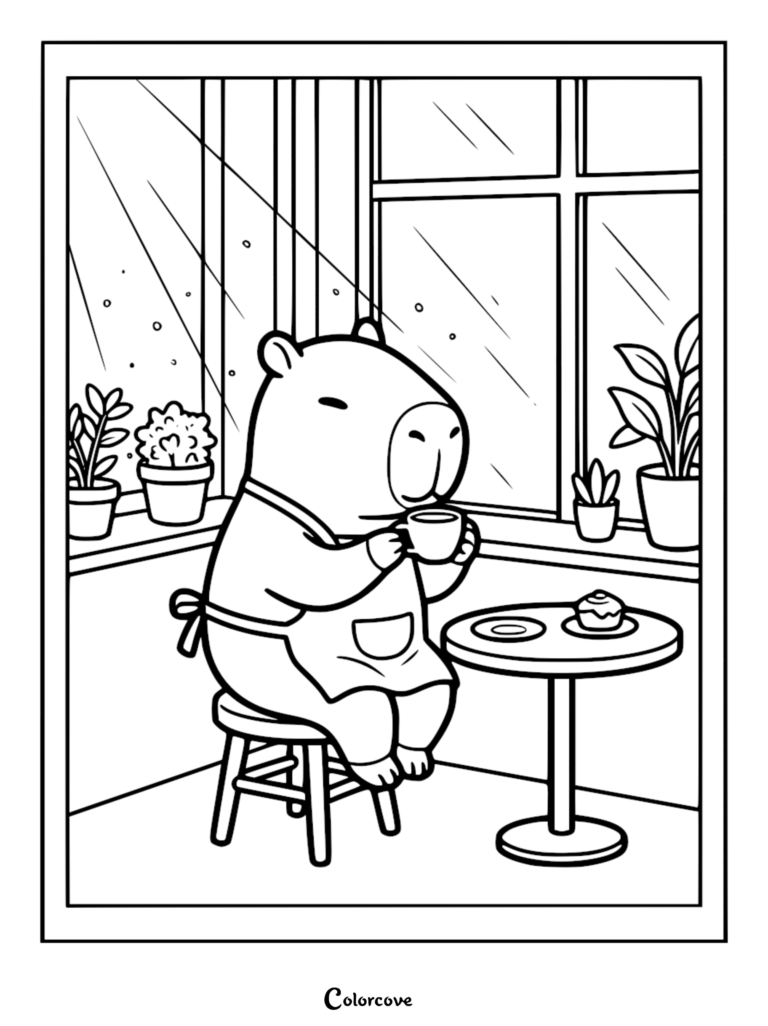 A detailed capybara barista coloring page showing a capybara in an apron drinking from a small cup while sitting on a wooden stool next to a round table with a cupcake and window sill plants.