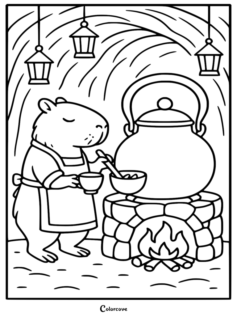 A detailed line art coloring page of a capybara barista wearing an apron, holding a cup and stirring a bowl beside a large kettle over a stone fireplace with hanging lanterns.