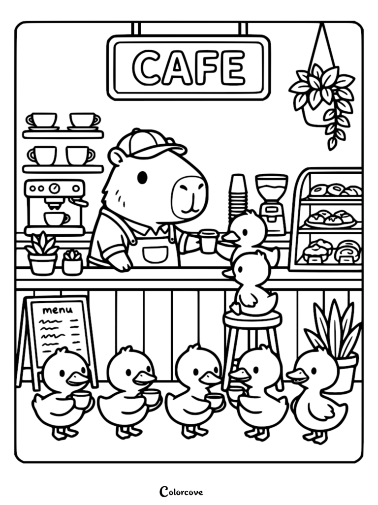 capybara barista serves drinks to ducklings at a counter.