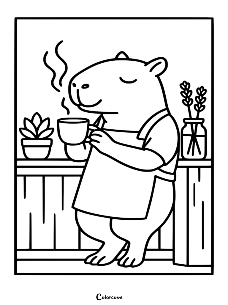 A detailed line art coloring page featuring a capybara barista in an apron holding a steaming cup of coffee behind a wooden counter with a potted plant.