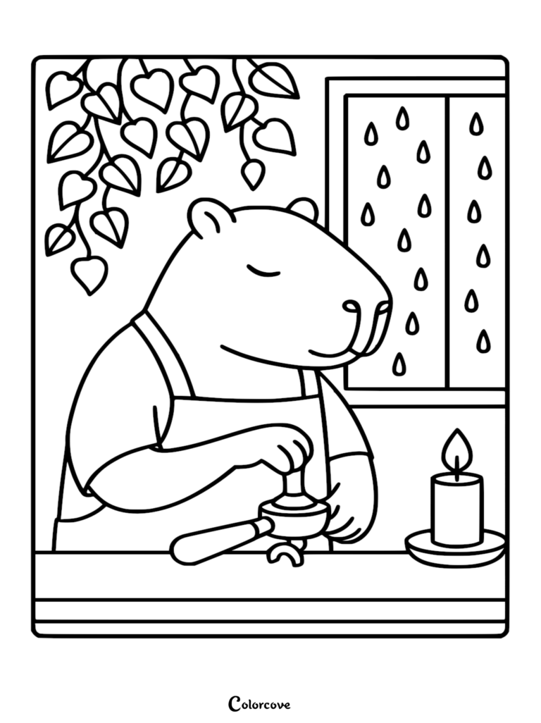 A line art coloring page featuring a capybara barista in an apron tamping espresso grounds near a rainy window with a candle and trailing ivy.