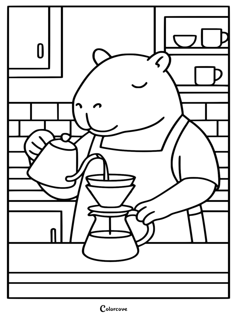 A detailed line art coloring page of a capybara barista wearing an apron and pouring water from a gooseneck kettle into a pour-over coffee filter set.