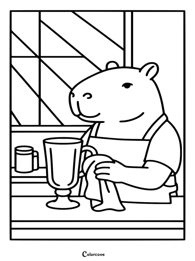 Black and white line art coloring page of a capybara barista wearing an apron, meticulously drying a tall glass mug with a towel at a cafe counter next to a window.