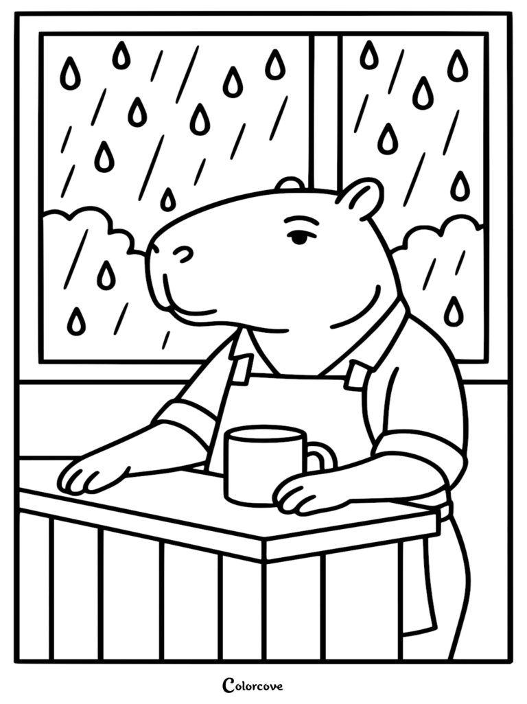 A detailed line art coloring page of a capybara barista wearing an apron and leaning on a shop counter with a mug while rain falls outside.